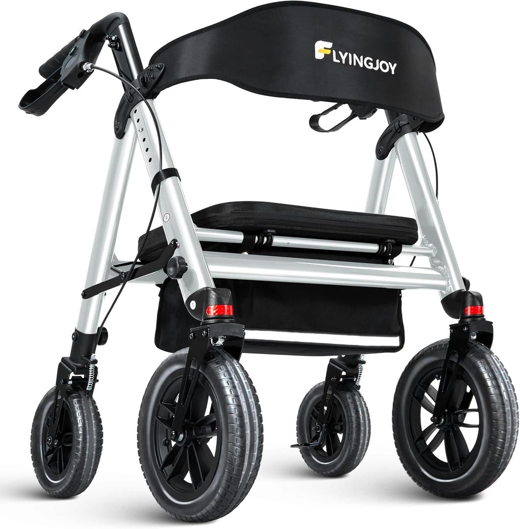 Rollator Walker with Seat,12" Front Wheels 10" Rear Rolling Walker, Extra-Wide Heavy-Duty Rollator Walker with Seat and Brakes for Seniors and Adults Bariatric with Large Aluminum (Blue)