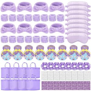 72 Pcs Spa Sleepover Party Supplies for Girls With DIY Stickers And Greeting Card Purple Headband Wristbands Eye Mask Hair Scrunchie Tote Bag Sleeping Slumber Party Favors