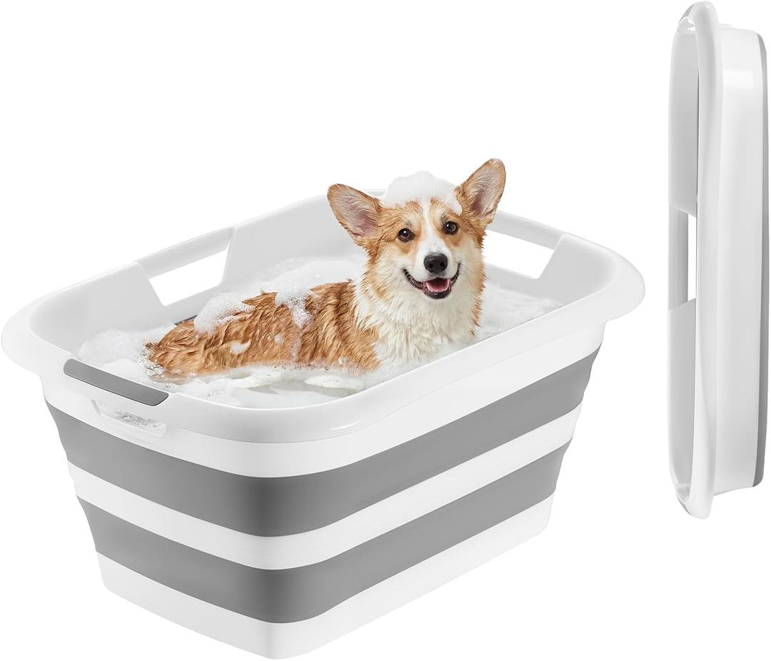 VEVOR Dog Bathtub, Collapsible Dog Bath Tub, Pet Bathing Grooming Wash Shower Station, Portable Space-Saving & Stable Support, for Small Pet Puppy Doggie Cat Outdoor, Gray White