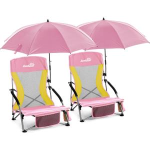 Folding Beach Chair with Umbrella for Adults, 2 Pack Portable Low Beach Chairs with 300lbs Capacity, Lightweight Fodable Camping Chair for Travel, Picnic, Concert & Outdoor Activities,Pink-Yellow, 27.5 x 22 x 20 inches