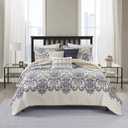 Madison Park Quilt Traditional Damask Design All Season, Lightweight Coverlet Bedspread Bedding Set, Matching Shams, Pillows, Full/Queen(90"x90"), Navy/White 6 Piece