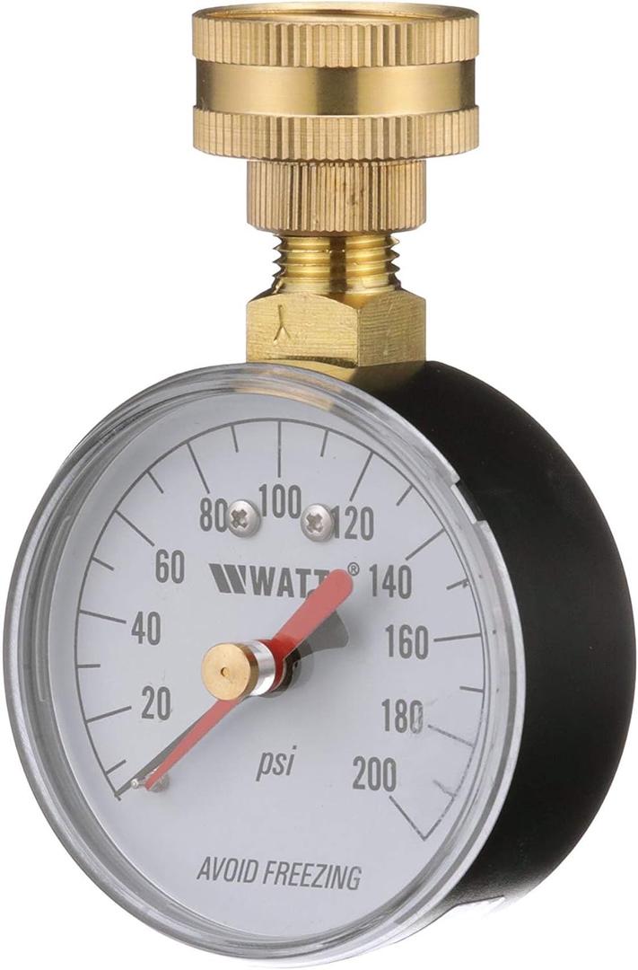 Watts 2-1/2" Hose Connection Water Pressure Test Gauge, 3/4" (20 mm) HT Hose Connection, Copper Alloy, Black Enamel Steel Case, Red Indicator Hands, ASME Type B Accuracy
