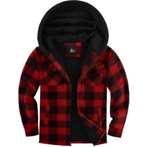 JACKETOWN Boys Fleece Jacket Kids Plaid Flannel Shacket Shirts Sherpa Hoodie Zip Up Sweatshirt Winter Coat 6-15 Years (12-13 Years, Red Black)