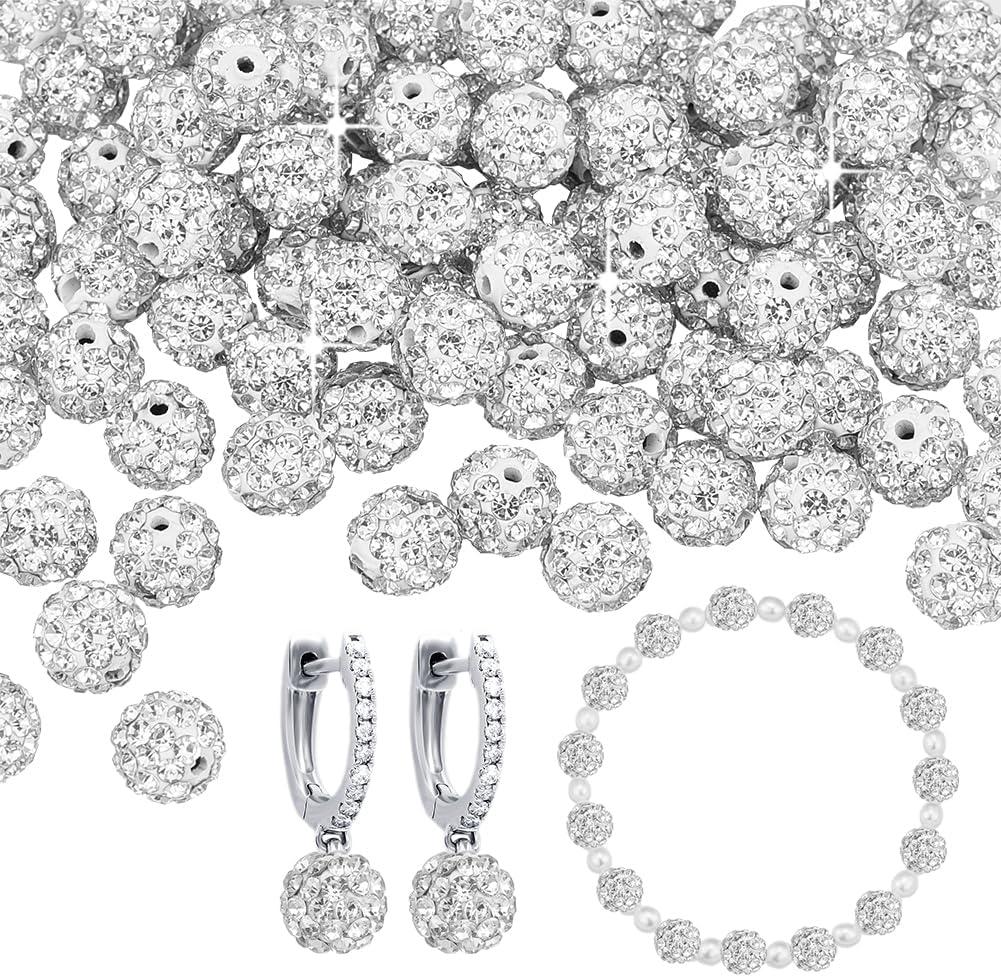PH PandaHall 100pcs 8mm White Rhinestone Beads Polymer Clay Beads Crystal Beads Clay Pave Disco Ball Round Diamond Clays Beads for Necklace Bracelet Jewelry Beaded Pen Making Party Decoration