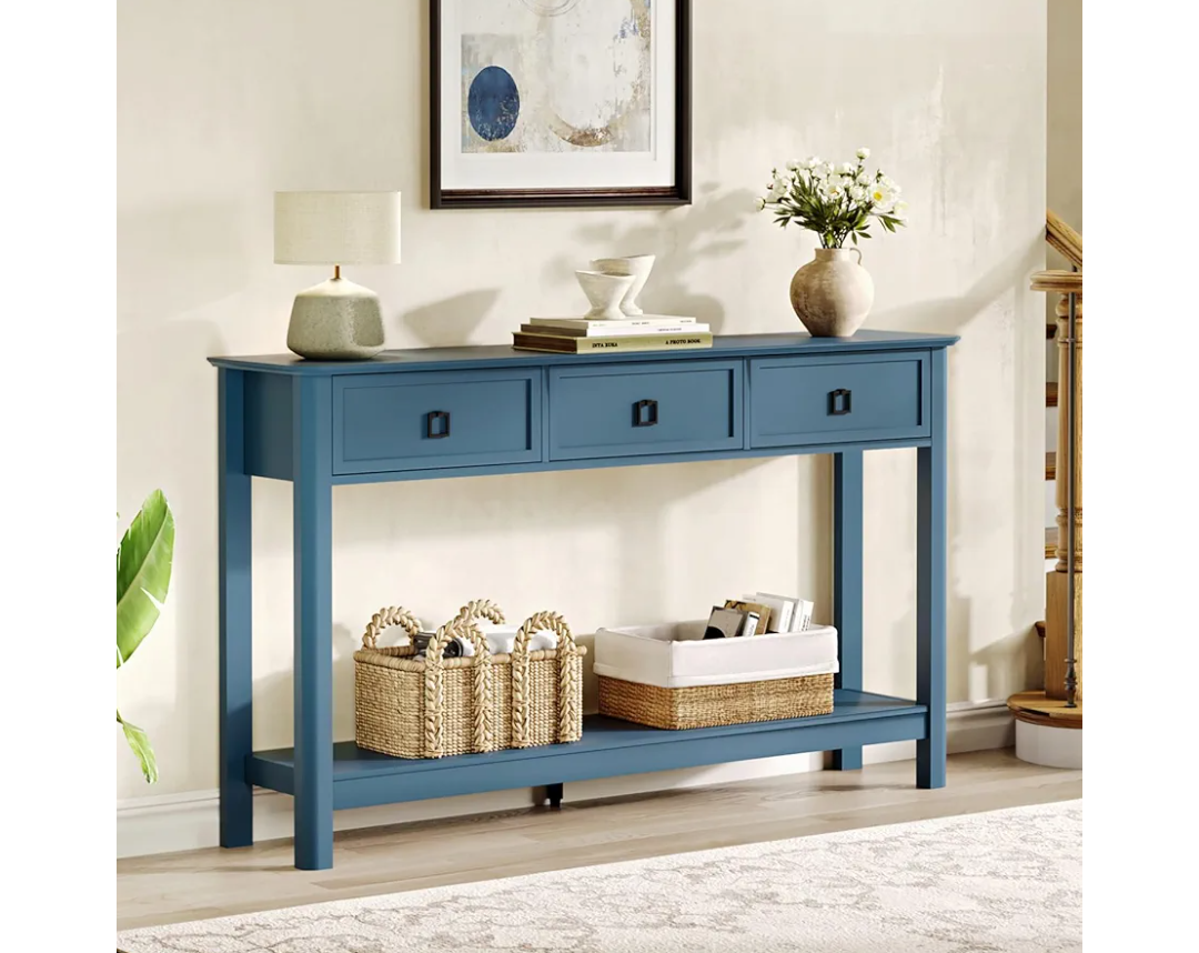 Treocho 53.1" Console Table with 3 Drawers, Modern Entryway Table, 2-Tier Narrow Long Sofa Table Behind Couch Table for Living Room, Hallway, Blue