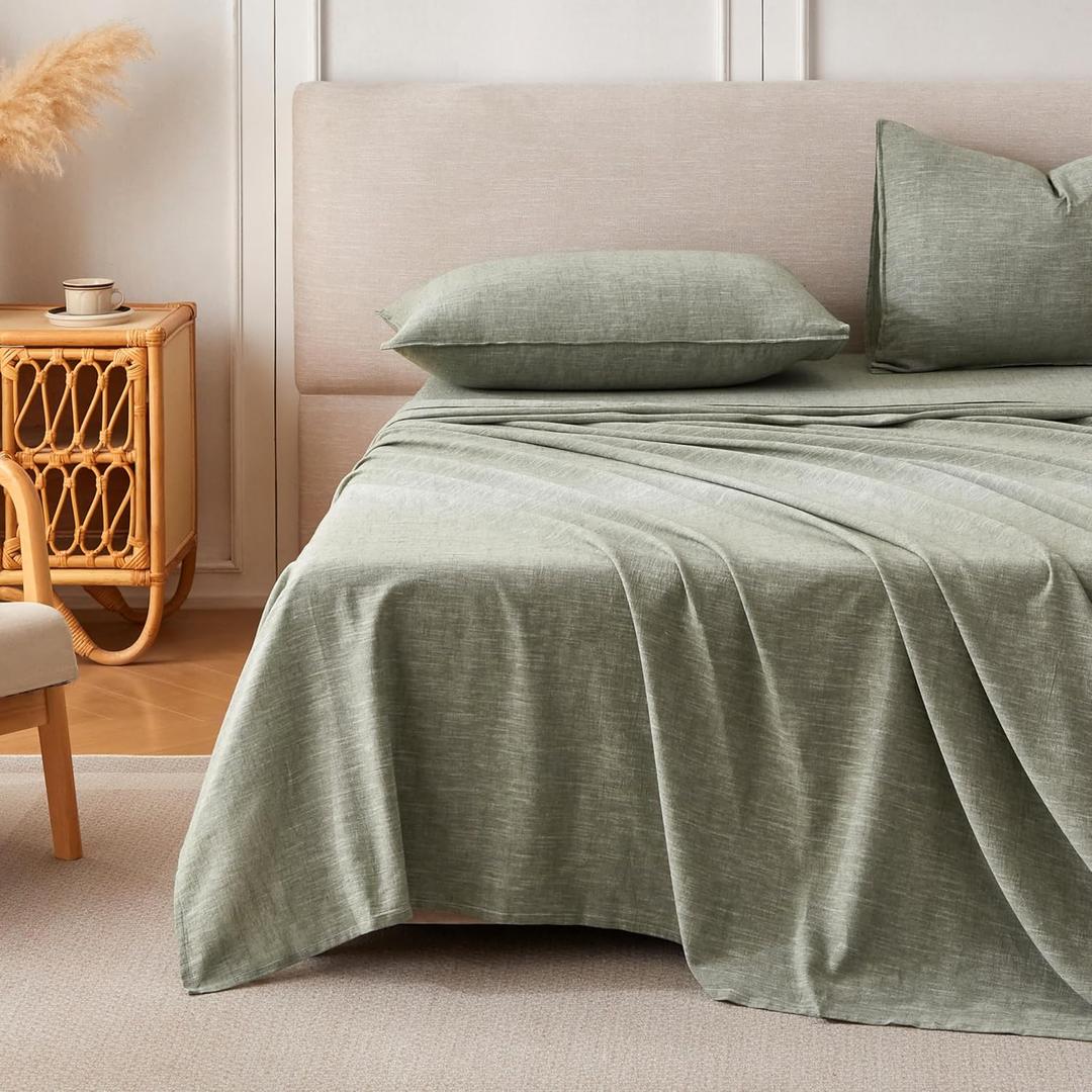 Linen Sheets Queen Size, Stonewashed Linen Cotton Blend Sheets with Slub Texture, Breathable & Soft Cotton Bedsheets, All-Season Comfort, 4 Pieces, Green