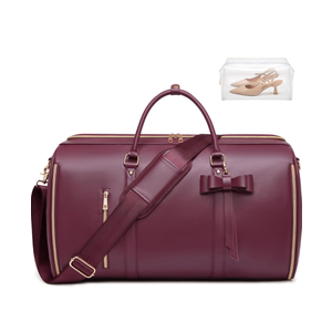 STHMEOOHT Garment Bags for Travel, Convertible Suit Travel Bag for Women, Cute Carry On Garment Bag w/Shoes Pouch, 2 in 1 Foldable PU Leather Hanging Duffle Bag, Single-Zipper Design, Sangria