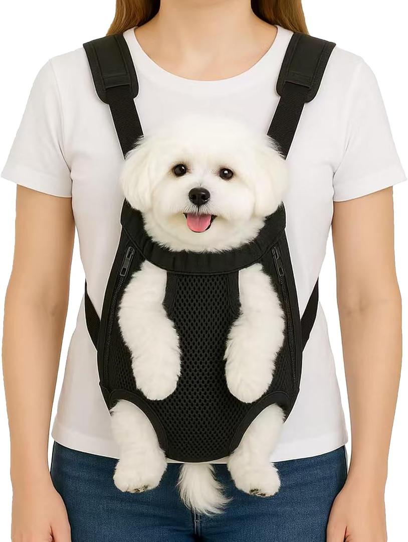 Dog Backpack Carrier, Adjustable Pet Front Carriers, Legs Out Carrying Sling Travel Bag for Small Medium Dogs 4-7 Lbs, Soft Wearable Puppy Chest Carry Backpacks for Walking/Hiking/Camping/Traveling (Black)