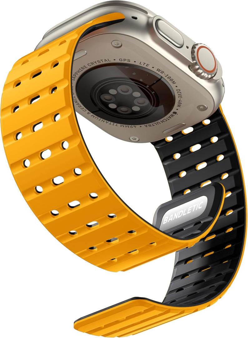 Bandletic Compatible with Apple Watch Series 11 Band for Men Women, Rugged Magnetic Silicone Sport Strap for iWatch 49mm(Ultra 3/2/1),46mm(11/10),45mm(9/8/7),44mm(SE3/SE2/SE/6/5/4),42mm(3/2/1) (Yellow/Black)