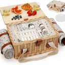 HappyPicnic Picnic Basket for 2, Handmade Wicker Picnic Set with Folding Table and Waterproof Blanket, Large Insulated Picnic Basket with Bag & Cutlery Kit for Picnic, Camping, Holidays (Cherry)