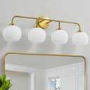 RUIYEY Bathroom Vanity Light Fixtures: 4 Lights Brushed Gold Ribbed Lantern Vanity Lights for Bathroom, E26 60W Hardwired Wall Sconce Lighting with Frosted Milky Glass Over Mirror (Exclude Bulb)