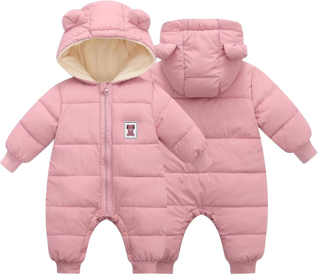 BYFRI Baby Boys Girls Snowsuit Newborn Cozy Winter Coat Infant Bear Hooded Jumpsuit Toddler Snow Outfit for 0-24 Months (Pink)