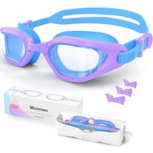 Kids Swim Goggles in Dual-Tone, Adjustable Nose Pads & Soft Silicone for Leak-proof(6-14), Clear Vision & Anti-Fog & Anti-UV (Light Purple)