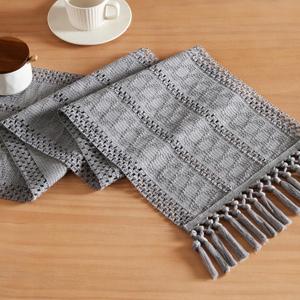 ZeeMart Macrame Style Boho Table Runner, Blue Grey Table Runners 72 Inches Long, Farmhouse Woven Home Decor, 12x72 Inch, Light Blue Grey