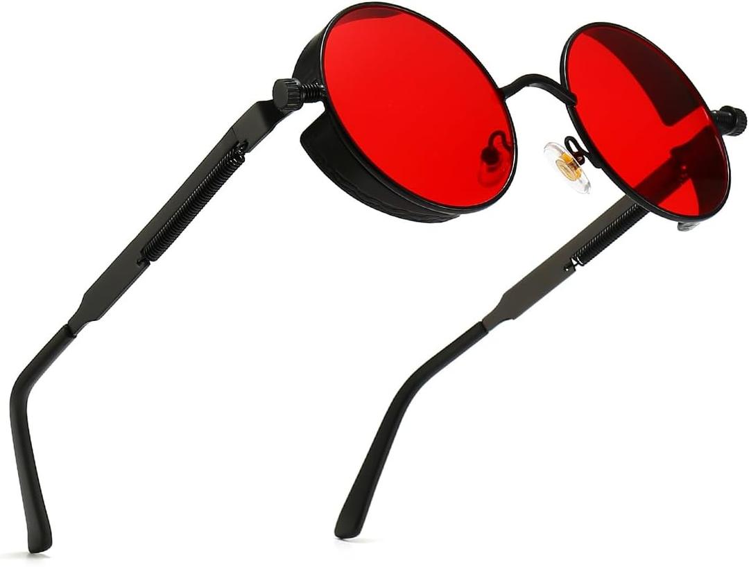 Polarized Steampunk Sunglasses, UV Protection, Metal Frame, Outdoor Circle Shades (Red)