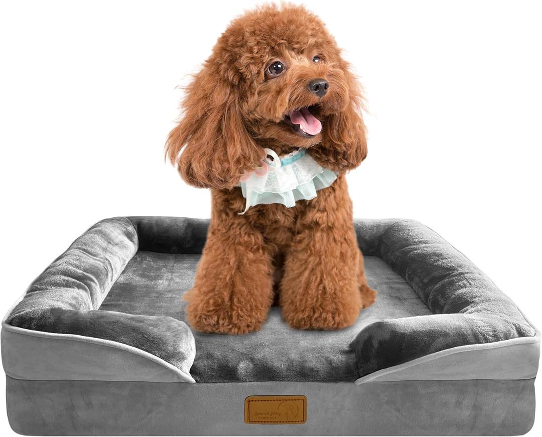 Spotted Play Orthopedic Dog Bed with Sides - Dog Sofa Beds for Small Dogs, Supportive Foam Pet Couch Bed with Washable Removable Cover, Waterproof Lining and Non-Slip Bottom, Grey - S (24.0"L x 18.0"W x 6.0"Th)
