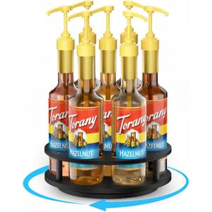 THYGIFTREE Rotating Coffee Syrup Organizer 7 Bottles Syrup Rack for Countertop Wood Syrup Bottle Holder Stand for Coffee Bar Station, Turntable Wine Display Tray, Black