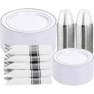 DaYammi 350PCS Silver Plastic Dinnerware Set for 50 Guests, Fancy Disposable Plates for Party, Include: 50 Dinner Plates, 50 Dessert Plates, 50 Pre Rolled Napkins with Silver Silverware, 50 Cups