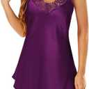 Lovasy Silk Nightgown for Women Lace V Neck Sleepwear Satin Slip Dress Sexy Lingerie Babydoll Chemise Negligee, Dark Purple M