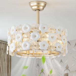 20" Gold Fandelier Ceiling Fan with Light, Caged Flower Chandelier Ceiling Fans with Lights Remote Control, Mid-Century Modern with 6 Speeds for Bedroom, Nursery (Yellow)