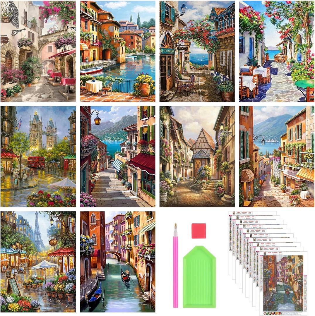 Stalente Diamond Painting Kits for Adults, 10 Pack 5D Diamond Art Kits for Beginners Round Full Drill Diamond Painting for Home Wall Decoration Gift 12×16inch, Street Landscape