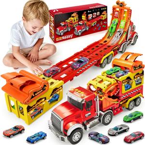 Truck Car Toys for 3, 4, 5, 6, 7, 8 Years Old Kids, Carrier Truck Race Track Toys, Foldable Transport Car Toys with Foldable Race Tracks and 6 Metal Cars, Birthday Gifts for Toddler Boys Girls (Red)