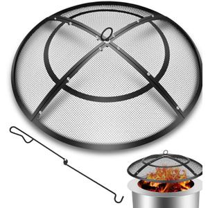 Fire Pit Spark Screen,36 Inch Fire Pit Screen Cover Outdoor with Handle&Poker,Heavy-Duty Steel Firepit Screens Cover Round Mesh Replacement for Backyard/Beach/RV Camping (Metal)