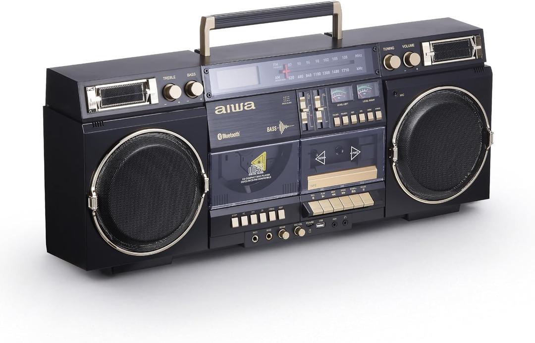 Aiwa Retro Boombox CD Player with Cassette Recording, Bluetooth 5.0, FM/AM Radio, USB/SD/AUX Inputs, VU Meter, LCD Display, Dual 40W Speakers, Black/Gold