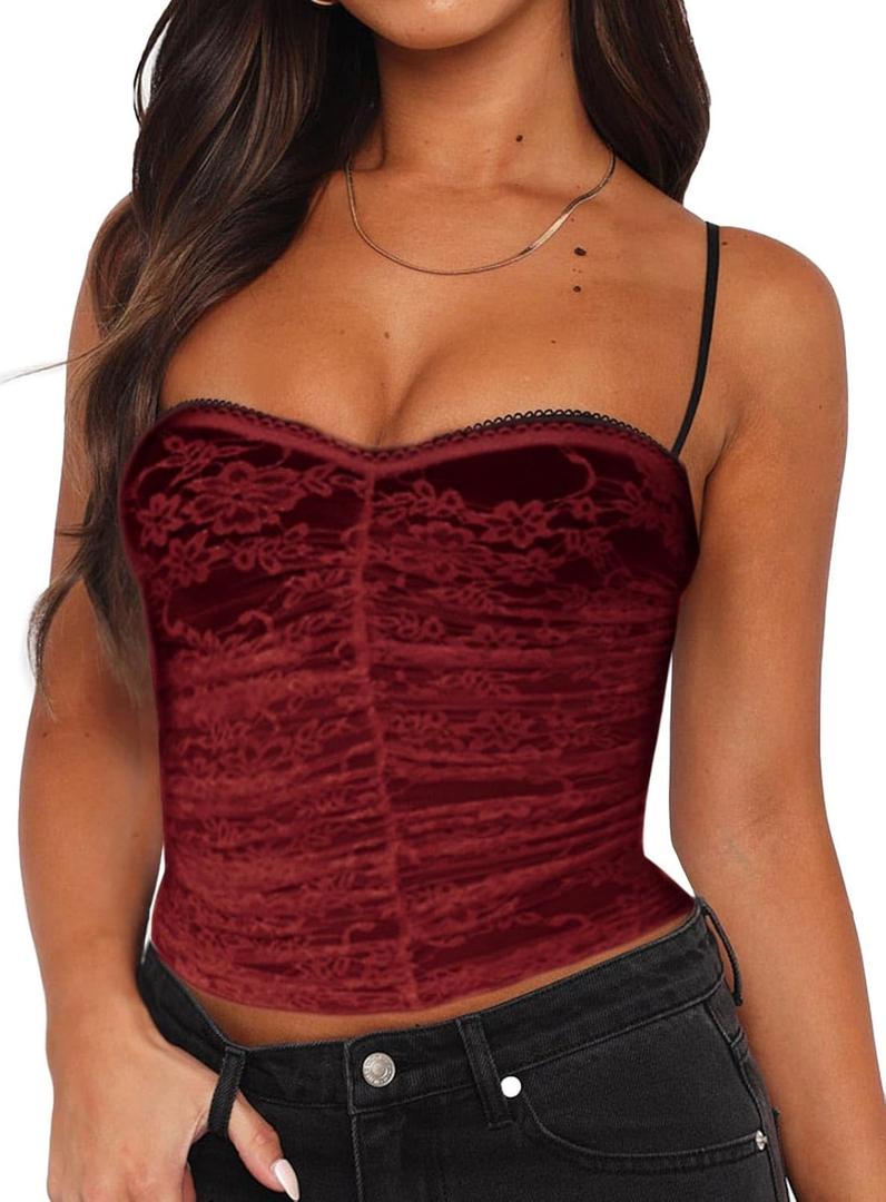 Women Sexy Y2k Double Lined Shelf Bra Tank Top Dressy Crop Corset Camisole Top with Built in Bra for Date Night Club (Large, Lace-red)