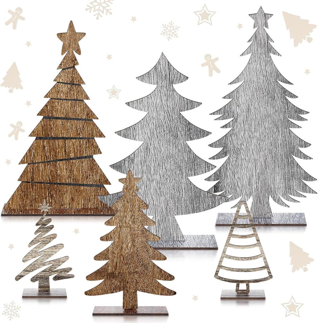 2 x Youyole 6 Pcs Wooden Christmas Trees Tabletop Decor Vintage Gray and Brown Christmas Trees Xmas Centerpieces Table Wooden Signs for Home Office Fireplace Farmhouse Xmas Party Table Decor