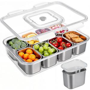 Snackle Box Container, 304 Stainless Steel Snack Containers, Portable Snacklebox for Veggie, Candy, Divided Serving Tray with Lid and Handle, 8 Compartment Fruit Platter for Party, Picnic, Travel