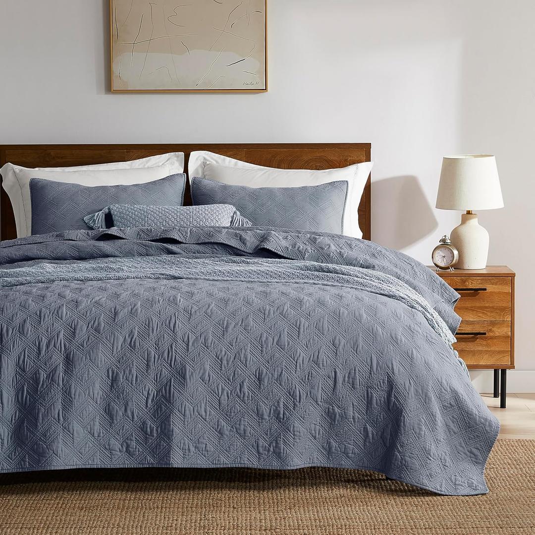 WDCOZY Blue Grey 100% Cotton Quilt Bedding Sets Queen Size with 2 Pillow Shams, Shabby Chic Rustic Textured Gauze Lightweight Country Soft Bedspread Coverlet for All Season, 3 Pieces, 90x96 inches