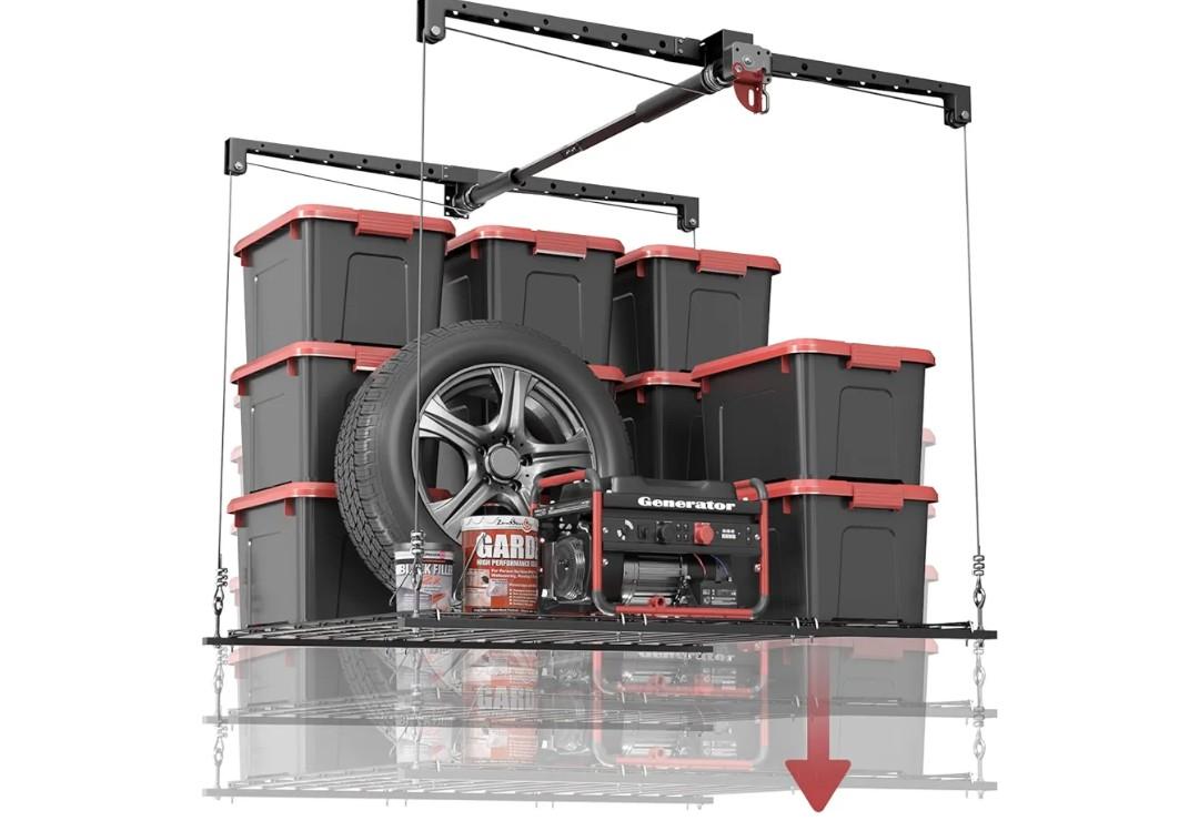 Overhead Garage Storage Rack for 8-10 FT Ceiling, Heavy-duty 4x4 FT Ceiling Storage Racks with Safety Lock, Ideal for Garage Storage Mounted Lift System and Storage Organizer, 250lbs Capacity