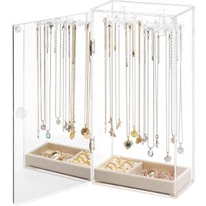 Jenseits Necklace Holder Organizer, Acrylic Jewelry Organizer with Velvet Tray & Built-in Mirror, 24 Hooks Dustproof Clear Jewelry Box Storage Stand, Ring Earrings Bracelets Display Case for Women
