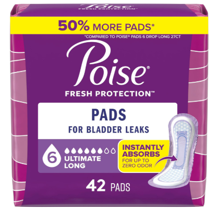 Poise Incontinence Pads & Postpartum Incontinence Pads, 6 Drop Ultimate Absorbency, Long Length, 42 Count, Packaging May Vary