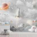YQWDMX - Grey Cartoon Planet Nursery Wallpaper Mural Mural48 L 160" Wx112 H(Not Peel and Stick)