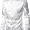 ZEROYAA Men's Shiny Satin Rose Floral Jacquard Long Sleeve Button Up Dress Shirts for Party Prom (Large, Ivory White)