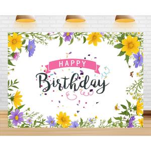 7X5ft Happy Birthday Spring Yellow and Purple Flowers Backdrop Banner for Women Colorful Flowers Carnival Party Birthday Decoration Props