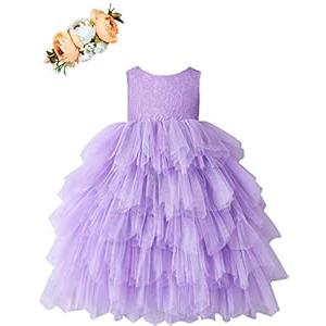 Cilucu Flower Girls Dress Kids Long Tiered Tulle Dresses Little Girls Birthday Party Ball Gown Baby Girls Princess Banquet Pageant Outfits Children Summer Boho Dress Purple Size 12-24 Months