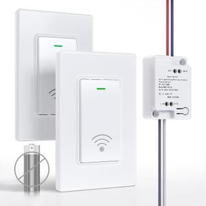 Wireless Remote Light Switch Kit, 2 Switches + 1 Receiver, Battery-Free Wireless Wall Switch, No New in-Wall Wiring, No Wi-Fi, for Stairs, Hallway, Bedroom