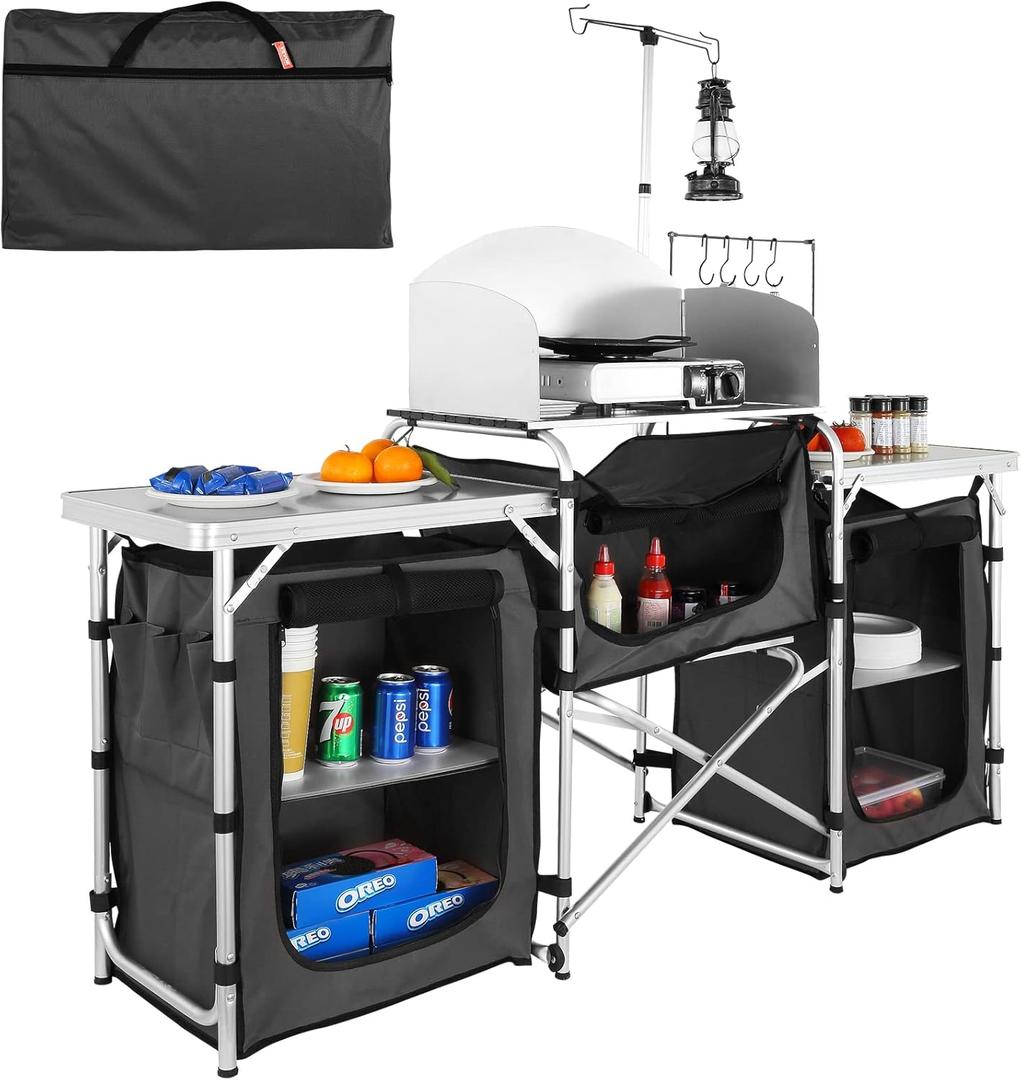 VEVOR Camping Kitchen Table, Folding Outdoor Cooking Table with Storage Carrying Bag, Aluminum Cook Station 3 Cupboard & Detachable Windscreen, Quick Set-up for Picnics, BBQ, RV Traveling, Black