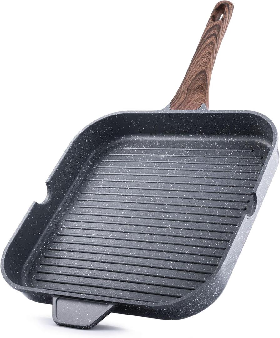 SENSARTE Nonstick Grill Pan for Stove Tops, Versatile Griddle with Pour Spouts, Square Big Cooking Surface, Durable Skillet Indoor & Outdoor Grilling. PFOA Free,12Inch (Gray Granite)