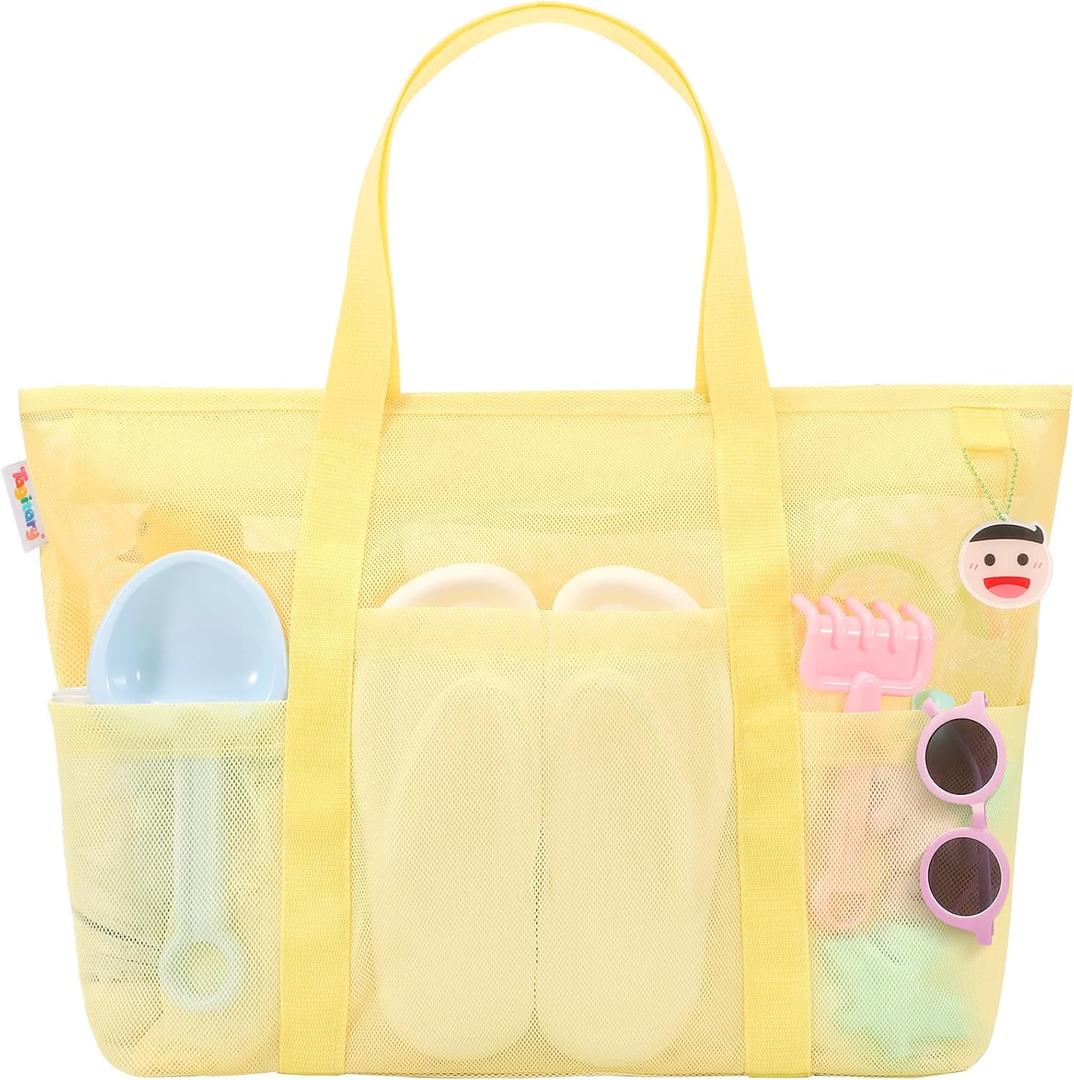 Tagitary Mesh Beach Bag with Zipper Large Beach Tote Waterproof Sandproof with 8 Pockets for Toys Pool Bag Beach Accessories (Yellow)