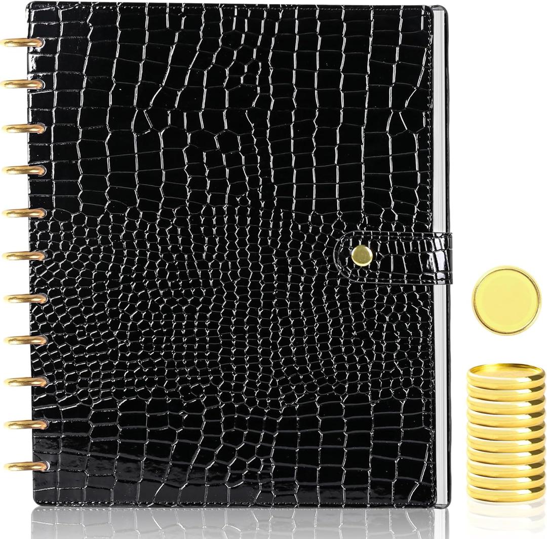 PU Leather 8.5*11in Discbound Cover And Disc Set with 11 Pcs Discbound Discs 1in Disc Bound Notebook Accessories Discbound Planner Cover Notebook Planner System For Office(Not Including Book) ((Black)
