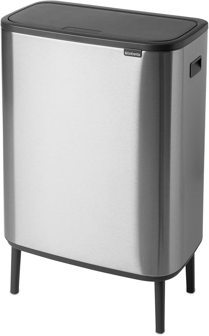 Brabantia Bo Hi Touch Top Kitchen Trash Can with Dual Compartments & Raised Legs | Matt Steel Fingerprint Proof | 2 x 8 Gal Inner Buckets | Soft-Close, Light Touch Opening, Stay-Open Lid | + Trash Bags