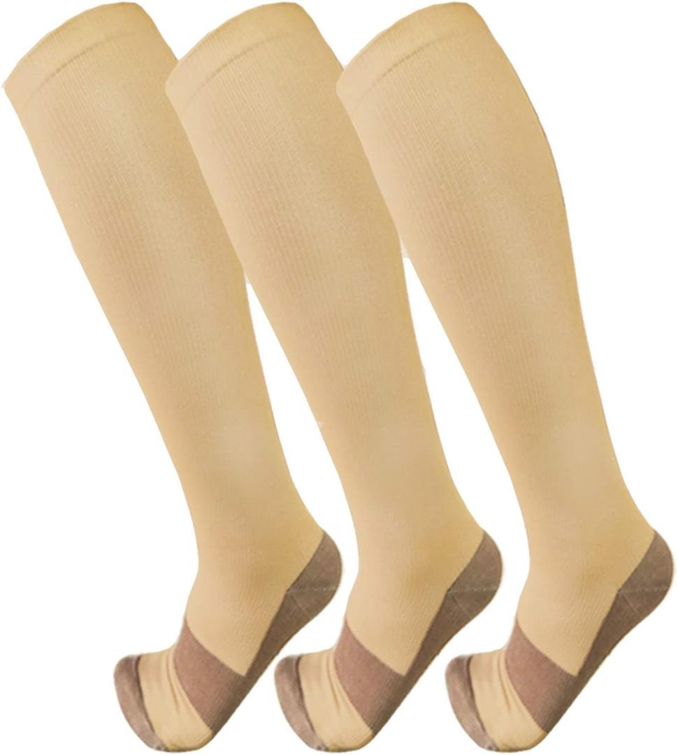 FuelMeFoot 3 Pack Copper Compression Socks - Compression Socks Women & Men Circulation - Best for Medical,Running,Athletic (Large-X-Large, 02 Nude)