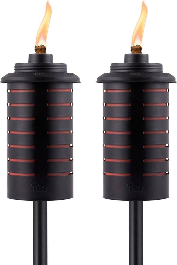 TIKI Metal Black & Orange Easy Install Outdoor Torches, 2-Pack 65-Inch Decorative TIKI Torches for Patio, Lawn, Backyard & Garden Weather-Resistant Torch Lighting with Wick & Snuffer
