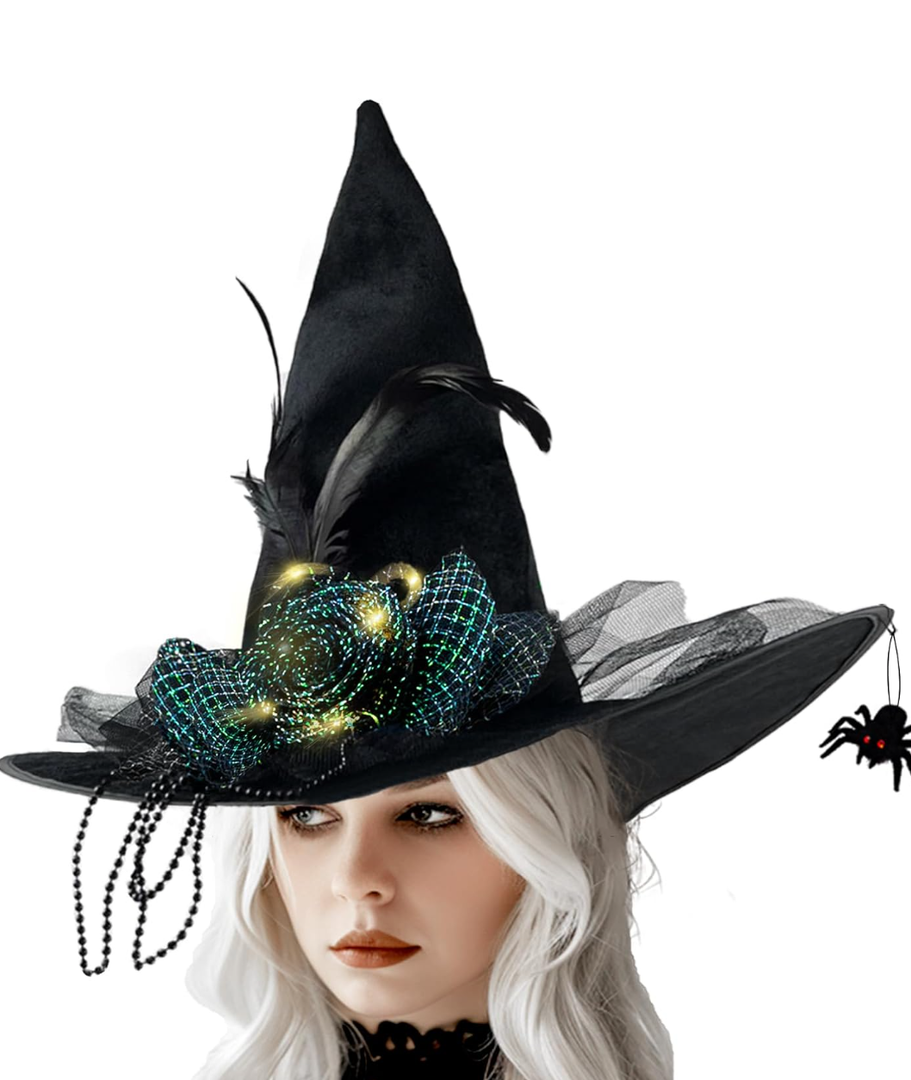Halloween Black Witch Hat with Spider, Velvet Witch Hat Light up Witch Hat Cosplay Costume Accessories for Women Halloween Party Christmas Role Play Birthday Party