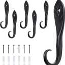 Worth Garden 6-Pack 5"x2" Hanger Hooks - Hand-Forged Wrought Iron Powder-Coated Heavy Duty Wall Hooks - Black Leaf-Shaped Hanging for Plants, Bird Feeders, Lights, Indoor & Outdoor Use