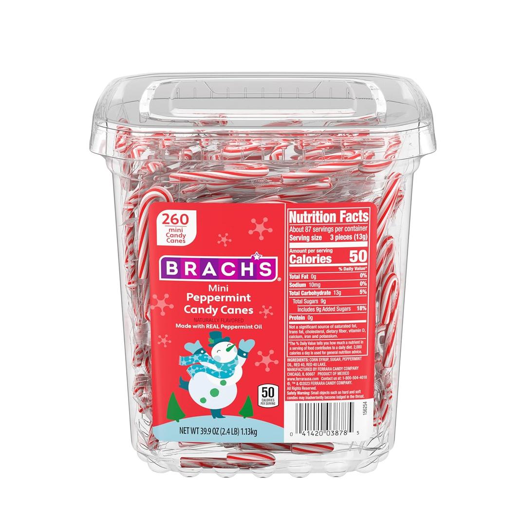 Brach's Mini Peppermint Candy Canes, Christmas Candy, Stocking Stuffers, Holiday Classic, 260ct, 40 oz Tub